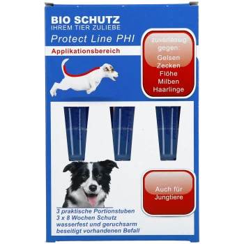 Blaue BIO SCHUTZ Protect Line PHI Haustierbox mit drei Applikatorröhrchen, Hundefotos und Aufschrift Auch für junge Tiere.