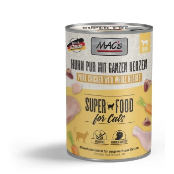 Nourriture en conserve pour chats étiquetée "MAC's Super Food for Cats," présentant "Poulet Pur avec Cœurs Entiers," sans céréales, à haute teneur en viande, fabriquée en Allemagne.