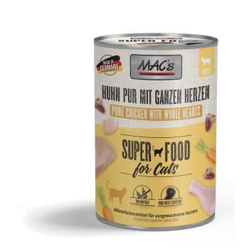 Blik kattenvoer gelabeld "MAC's Super Food for Cats," met "Pure Kip met Hele Harten," graanvrij, hoog vleesgehalte, gemaakt in Duitsland.