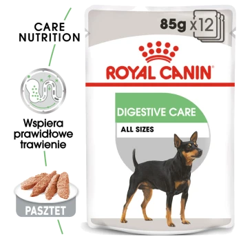 Opakowanie karmy dla psów Royal Canin Digestive Care z czarnym i brązowym psem, z tekstem wskazującym '85g x 12' i 'Wszystkie rozmiary.'