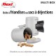 Flexi Multi Box pour friandises pour animaux ou sacs à déchets, avec un conteneur argenté débordant de friandises en forme de chien et un sac à déchets noir.