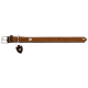 Brauner Lederhundehalsband mit weißen Nähten, silberner Schnalle und einem kleinen Anhänger.