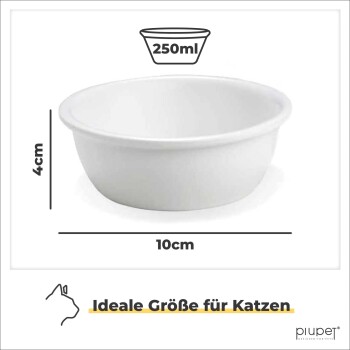 Weißer Futternapf für Haustiere mit einem Fassungsvermögen von 250 ml, Abmessungen 10 cm Durchmesser und 4 cm Höhe, beschriftet mit "Ideale Größe für Katzen."