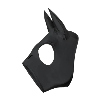 Schwarzes Haustierkostüm mit spitzen Ohren und einem offenen Gesicht, ideal zum Verkleiden von Haustieren.