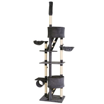 Ein hoher, mehrstöckiger Katzenbaum in Dunkelgrau mit zwei hängenden Körben, mehreren Plattformen, einem Kratzbaum und einem Tunnel.