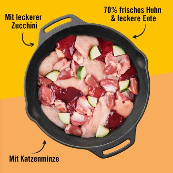 Eine gusseiserne Pfanne mit rohem Huhn, Ente, Zucchini und Leber, mit dem Text: "70% frisches Huhn & schmackhafte Ente," "Mit schmackhafter Zucchini," "Mit Katzenminze."