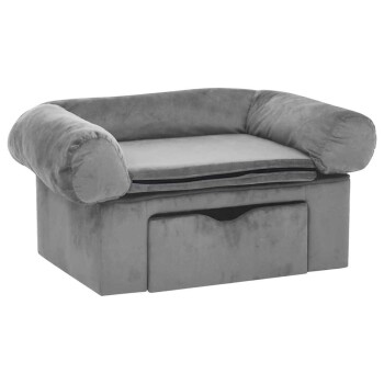 Graues Haustiersofa mit plüschigen Armen und einem abnehmbaren Kissen, mit einer Schublade zur Aufbewahrung an der Vorderseite.