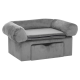 Graues Haustiersofa mit plüschigen Armen und einem abnehmbaren Kissen, mit einer Schublade zur Aufbewahrung an der Vorderseite.