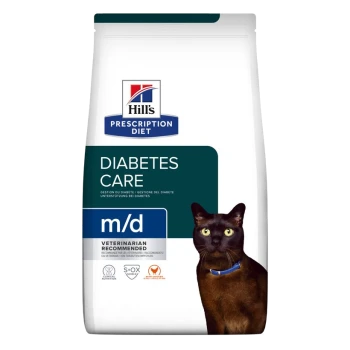 Hill's Prescription Diet m/d Diabetes Care kattenvoerzak met een zwarte kat met gele ogen, gelabeld 'Veterinair Aanbevolen.'