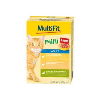 Paquet de nourriture pour chats avec un chat orange, étiqueté "MultiFit mini SAUCE ADULT," avec des saveurs de poulet, volaille et canard. 6 paquets, 300g au total.