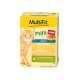 Kattenvoer verpakking met een oranje kat, gelabeld "MultiFit mini SAUCE ADULT," met kip, gevogelte en eend smaken. 6 verpakkingen, 300g totaal.