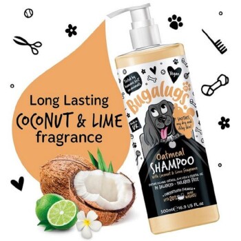 Haferflocken-Shampoo-Flasche mit Kokosnuss- und Limetten-Duft, mit einem Cartoon-Hund, veganem Etikett und dem Anspruch, trockene Haut zu beruhigen.