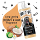 Haferflocken-Shampoo-Flasche mit Kokosnuss- und Limetten-Duft, mit einem Cartoon-Hund, veganem Etikett und dem Anspruch, trockene Haut zu beruhigen.