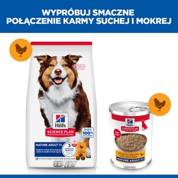 Polski nagłówek: 'Wypróbuj smaczną kombinację suchej i mokrej karmy'; torba i puszka Hill's Science Plan, oznaczenie 'Dorosły 7+' z kurczakiem.