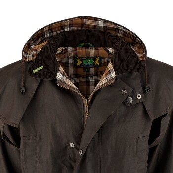 Braune gewachste Baumwolljacke mit kariertem Futter, Cordkragen und sichtbaren Etiketten „Romney“ und „Hunter Outdoor British Lifestyle“.