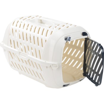 Witte dierenvervoerder met een verwijderbare zwarte deur, met een handvat bovenop en ventilatiegaten aan de zijkanten.