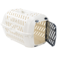 White pet carrier with a removable black door, featuring a handle on top and ventilation holes on the sides.