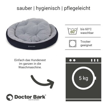 Hundebett von Doctor Bark, grau und marineblau, maschinenwaschbar bis 60 °C, trocknergeeignet, mit Text, der die einfache Reinigung hervorhebt.