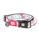 Blaues und pinkes florales Hundehalsband mit schwarzer Schnalle, Metallring und Anhängern mit der Aufschrift "Max & Molly Urban Pets" und "I am lost return me please."