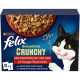 Boîte de nourriture pour chat Purina Felix Sensations Crunchy avec morceaux de viande et morceaux croustillants, montrant un chat noir et blanc en train de se lécher les lèvres.