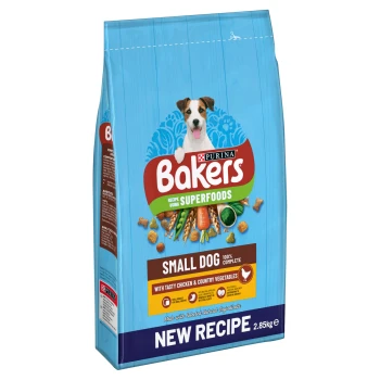 Bakers dog food bag featuring a happy small dog, labeled "NEW RECIPE," with "SUPERFOODS" and "100% COMPLETE" for small dogs.