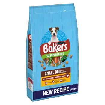 Bakers dog food bag featuring a happy small dog, labeled "NEW RECIPE," with "SUPERFOODS" and "100% COMPLETE" for small dogs.