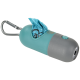 Ein türkis- und grauer Abfallbeutelspender für Haustiere mit einem Karabinerclip, teilweise gefüllt mit einem blauen Plastikbeutel.