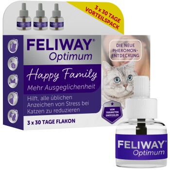 FELIWAY Optimum Happy Family Pheromon-Nachfüllpack mit Fläschchen, Box mit Katzenfoto und Text '3 x 30 Tage Flakon'.