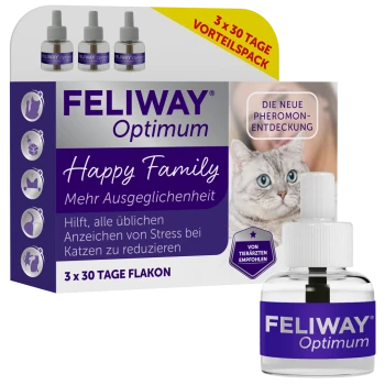 FELIWAY Optimum Happy Family Pheromon-Nachfüllpack mit Fläschchen, Box mit Katzenfoto und Text '3 x 30 Tage Flakon'.