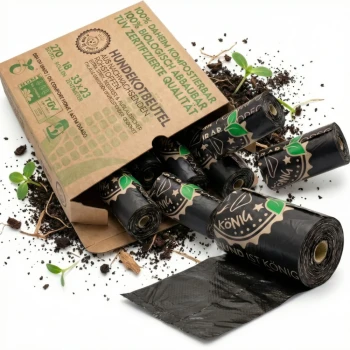 Verpackung von biologisch abbaubaren Hundekotbeuteln, mit 270 Beuteln, 18 Rollen, Abmessungen 33x23 cm und TÜV-zertifizierter Qualität.