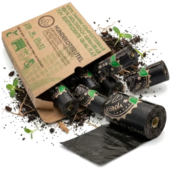 Verpackung von biologisch abbaubaren Hundekotbeuteln, mit 270 Beuteln, 18 Rollen, Abmessungen 33x23 cm und TÜV-zertifizierter Qualität.