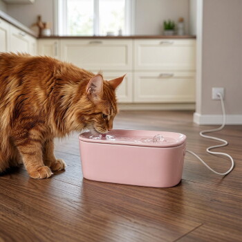 Rotgetigerte langhaarige Katze trinkt aus einem rosa elektrischen Trinkbrunnen auf einem Holzfußboden in einer hellen Küche.