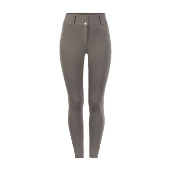 Hochtaillierte, figurbetonte Reitleggings in einem gedämpften Grauton mit dekorativen Nähten und einem Knopfverschluss an der Taille.