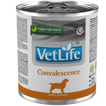 Dose Hundefutter mit der Aufschrift "VetLife Convalescence" und einer Hundesilhouette, mit dem Text "Futter für Hunde mit besonderen Ernährungsbedürfnissen."