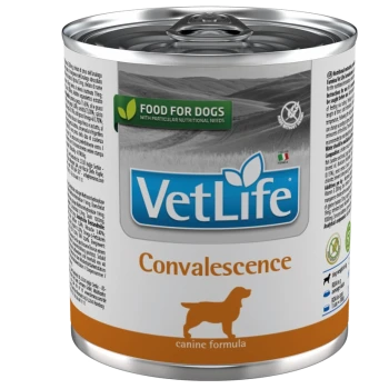Dose Hundefutter mit der Aufschrift "VetLife Convalescence" und einer Hundesilhouette, mit dem Text "Futter für Hunde mit besonderen Ernährungsbedürfnissen."