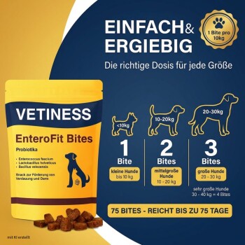 VETINESS EnteroFit Bites gelbe Hund-Probiotika-Tasche mit Dosierungstabelle: EINFACH & ERGIEBIG, 1–3 Bites je nach Gewicht, 75 Bites.