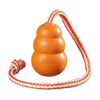 Jouet pour chien KONG orange en forme de cône à trois niveaux, attaché à une corde tressée blanche et orange.