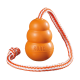 Oranges KONG-Hundespielzeug in Form eines dreistufigen Kegels, befestigt an einem geflochtenen weißen und orangefarbenen Seil.