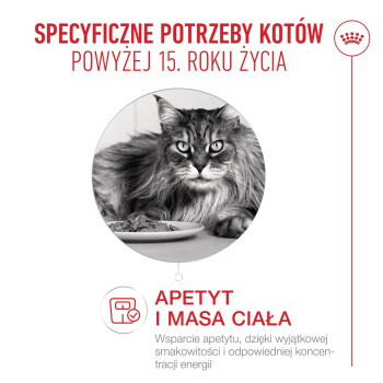 Długowłosy kot przy talerzu z jedzeniem w okrągłej ramie; polski napis 'SPECYFICZNE POTRZEBY KOTÓW POWYŻEJ 15. ROKU ŻYCIA' oraz 'APETYT I MASA CIAŁA'.