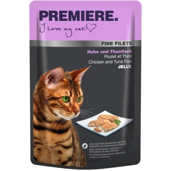 Fine Filets Huhn und Thunfisch 24x100 g Katzenfutterbeutel mit einer Bengal-Katze, beschriftet mit "Premiere. I love my cat" und "Fine Filets Huhn und Thunfisch" in Gelee.