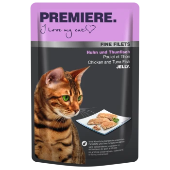 Katzenfutterbeutel mit einer Bengal-Katze, beschriftet mit "Premiere. I love my cat" und "Fine Filets Huhn und Thunfisch" in Gelee.
