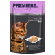 Pochette de nourriture pour chat avec un chat Bengal, étiquetée "Premiere. J'aime mon chat" avec "Fine Filets Huhn und Thunfisch" (Poulet et Thon) en gelée.