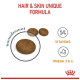 Image of pet food kibble labeled "Hair & Skin Unique Formula," highlighting key ingredients: Vitamins and Omega 3 & 6.