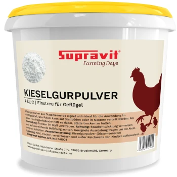 Weißer Eimer mit gelbem Deckel mit Aufschrift "Supravit Farming Days" Kieselgurpulver 4 kg Einstreu für Geflügel, Hühnersilhouette