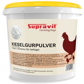 Weißer Eimer mit gelbem Deckel mit Aufschrift "Supravit Farming Days" Kieselgurpulver 4 kg Einstreu für Geflügel, Hühnersilhouette