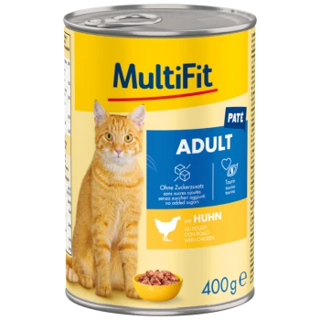 Dosenkatzenfutter mit der Aufschrift "MultiFit Paté Adult", das eine orangefarbene getigerte Katze auf der Vorderseite zeigt, mit Text, der "keine zugesetzten Zucker" und "mit Huhn" hervorhebt.