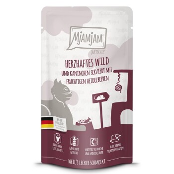 MjAMjAM Nassfutter Katze Adult, Quetschie, Wild und Kaninchen mit Heidelbeeren 12x125 g