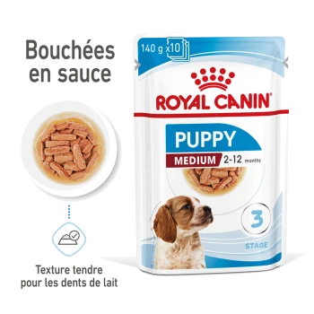 Pochette de nourriture pour chiots Royal Canin pour races moyennes, adaptée aux chiots âgés de 2 à 12 mois, avec des morceaux tendres dans une sauce.