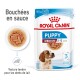 Pochette de nourriture pour chiots Royal Canin pour races moyennes, adaptée aux chiots âgés de 2 à 12 mois, avec des morceaux tendres dans une sauce.