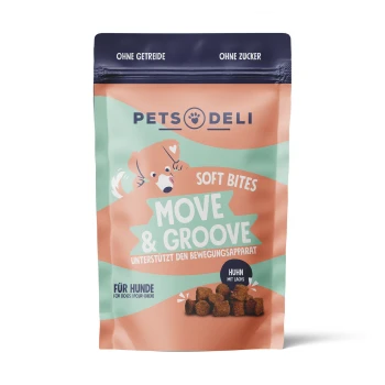 Hundefutterverpackung mit der Aufschrift "Soft Bites Move & Groove", mit einem Cartoon-Hund und dem Text "Huhn mit Lachs" und "Unterstützt den Bewegungsapparat."